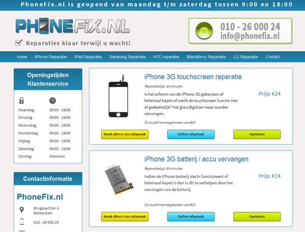 website ontwerp phonefix reparatie pagina